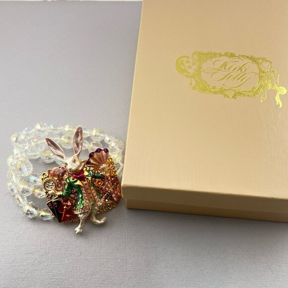 Kirks Folly White Rabbit Alice in Wonderland Bracelet Crystal Stretch Enamel - Picture 1 of 16